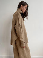 Women's Soft Knit Turtleneck Lounge Set Slouchy Wide-Leg Pants Cozy Casual Winter Everyday Comfort - Lolly 