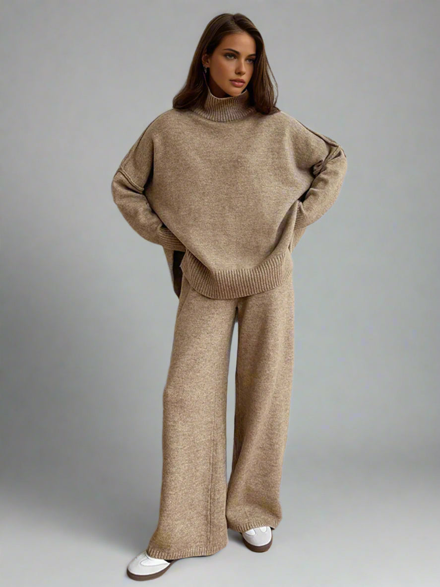 Women's Soft Knit Turtleneck Lounge Set Slouchy Wide-Leg Pants Cozy Casual Winter Everyday Comfort - Lolly 