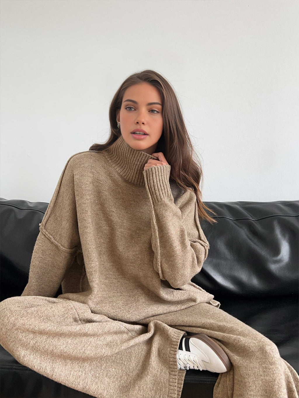 Women's Soft Knit Turtleneck Lounge Set Slouchy Wide-Leg Pants Cozy Casual Winter Everyday Comfort - Lolly 