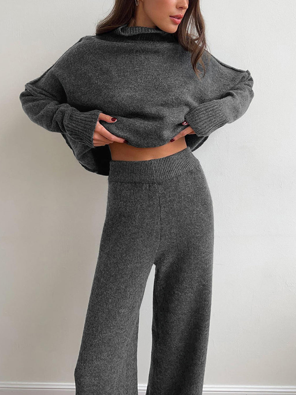 Women's Soft Knit Turtleneck Lounge Set Slouchy Wide-Leg Pants Cozy Casual Winter Everyday Comfort - Lolly 