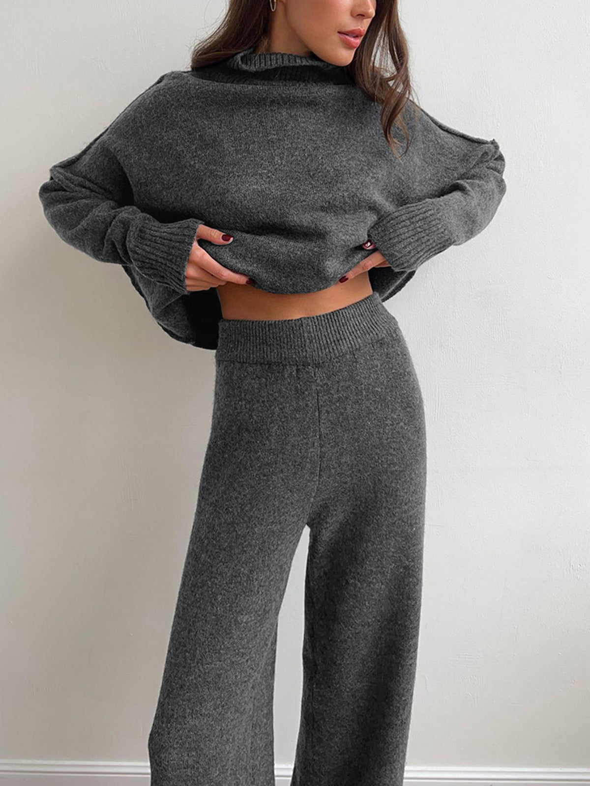 Women's Soft Knit Turtleneck Lounge Set Slouchy Wide-Leg Pants Cozy Casual Winter Everyday Comfort - Lolly 
