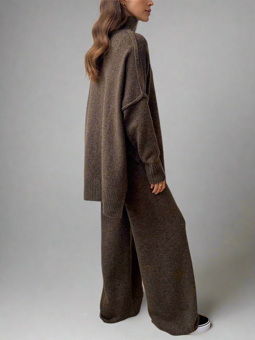 Women's Soft Knit Turtleneck Lounge Set Slouchy Wide-Leg Pants Cozy Casual Winter Everyday Comfort - Lolly 