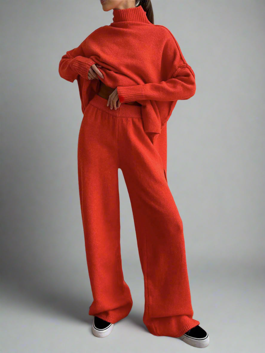 Women's Soft Knit Turtleneck Lounge Set Slouchy Wide-Leg Pants Cozy Casual Winter Everyday Comfort - Lolly 