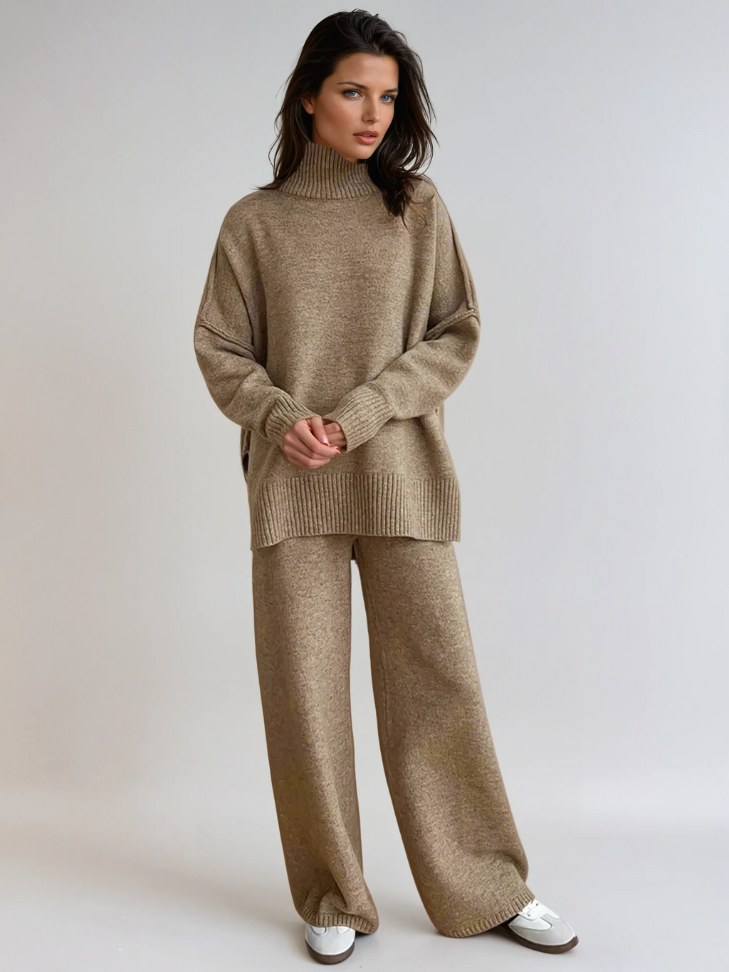 Women's Soft Knit Turtleneck Lounge Set Slouchy Wide-Leg Pants Cozy Casual Winter Everyday Comfort - Lolly 
