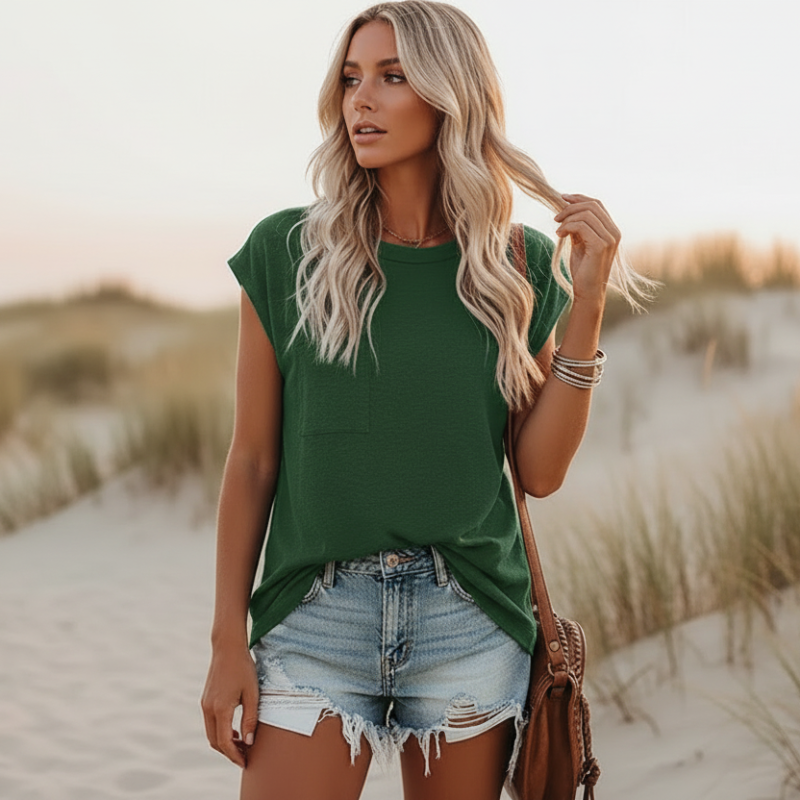 Women's Solid Casual Short Sleeve T-Shirt Crew Neck Pocket Tee Everyday Boho Beach Summer Relaxed Fit – Pin - Lolly 