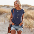 Women's Solid Casual Short Sleeve T-Shirt Crew Neck Pocket Tee Everyday Boho Beach Summer Relaxed Fit – Pin - Lolly 