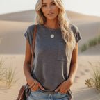 Women's Solid Casual Short Sleeve T-Shirt Crew Neck Pocket Tee Everyday Boho Beach Summer Relaxed Fit – Pin - Lolly 