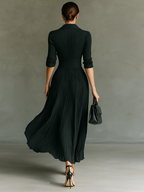 Women's Solid Color Pleated Maxi Dress Lapel Belted Waist Long Sleeve Elegant Casual – Black - Lolly 