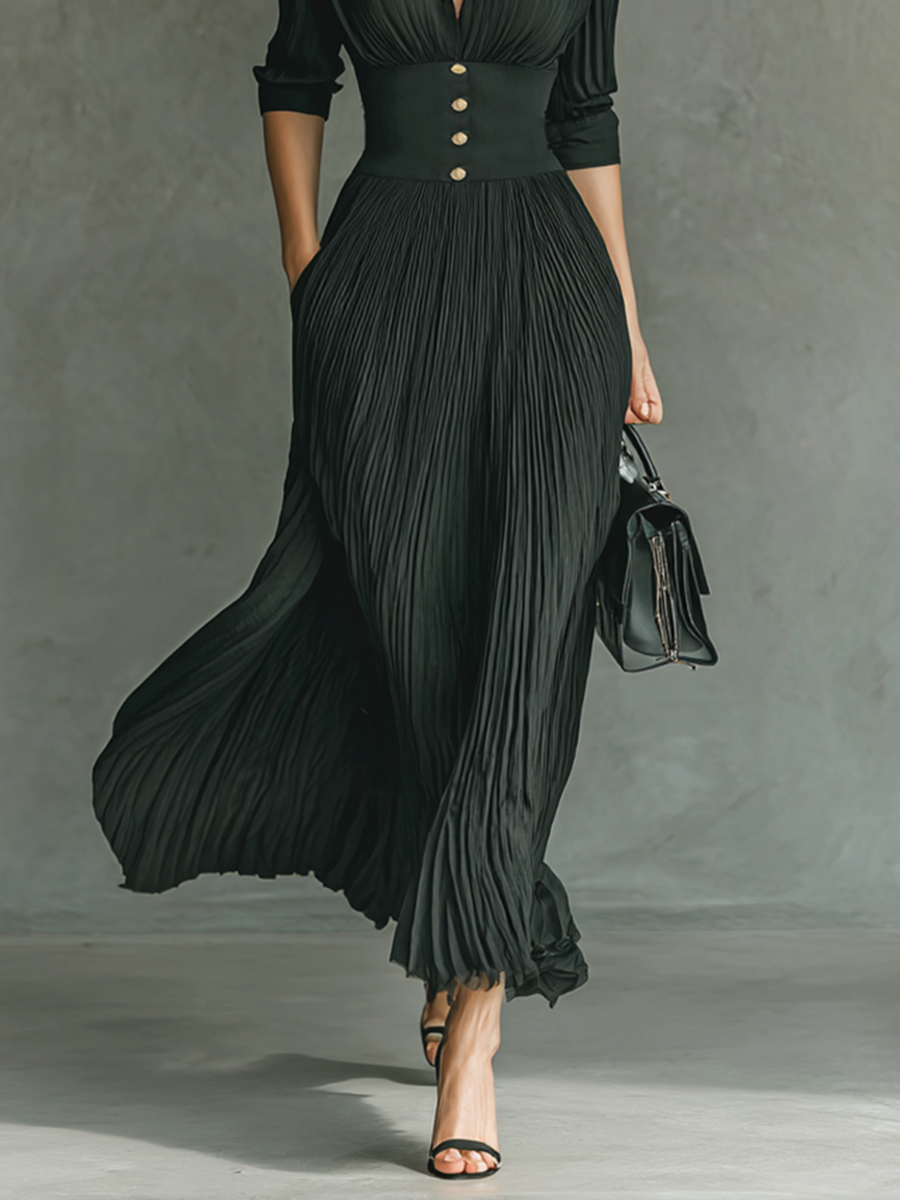 Women's Solid Color Pleated Maxi Dress Lapel Belted Waist Long Sleeve Elegant Casual – Black - Lolly 