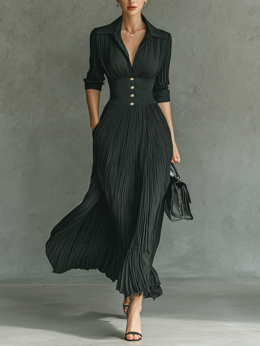 Women's Solid Color Pleated Maxi Dress Lapel Belted Waist Long Sleeve Elegant Casual – Black - Lolly 