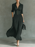 Women's Solid Color Pleated Maxi Dress Lapel Belted Waist Long Sleeve Elegant Casual – Black - Lolly 