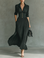 Women's Solid Color Pleated Maxi Dress Lapel Belted Waist Long Sleeve Elegant Casual – Black - Lolly 