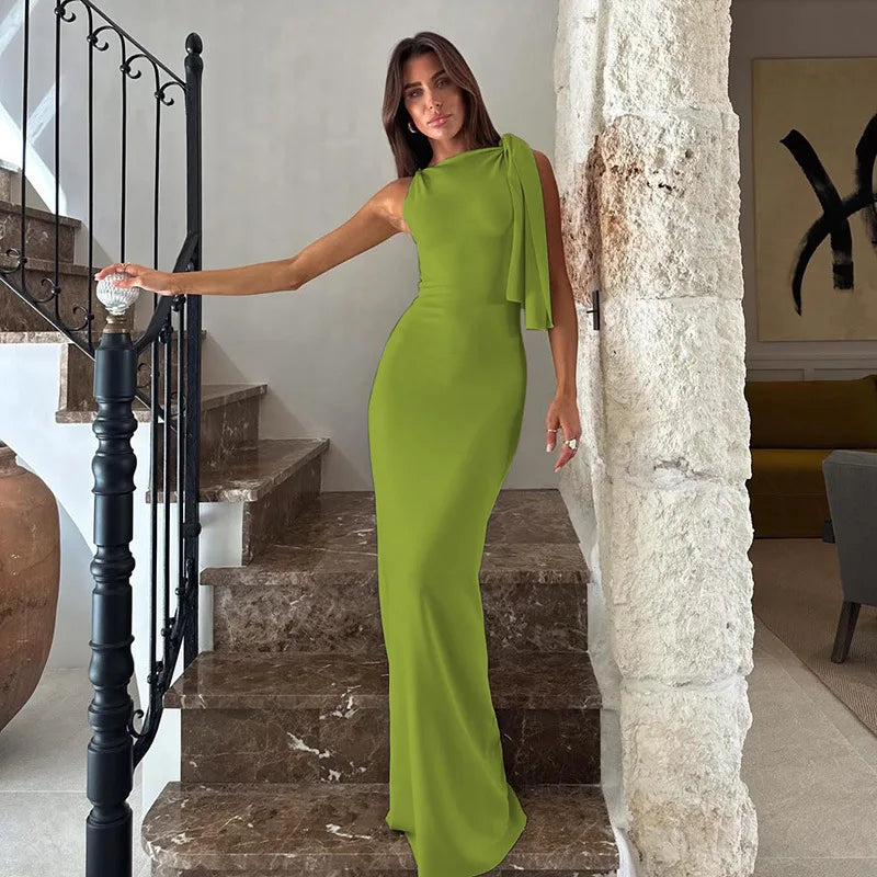 Women's Solid O-Neck Sleeveless Patchwork Bodycon Long Dress Slim Fit A-Line Formal Evening Party Date Night Wedding Guest Gala – Naomi - Lolly 