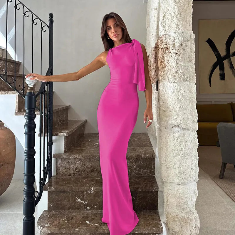 Women's Solid O-Neck Sleeveless Patchwork Bodycon Long Dress Slim Fit A-Line Formal Evening Party Date Night Wedding Guest Gala – Naomi - Lolly 