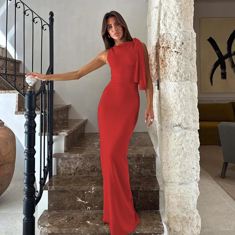 Women's Solid O-Neck Sleeveless Patchwork Bodycon Long Dress Slim Fit A-Line Formal Evening Party Date Night Wedding Guest Gala – Naomi - Lolly 
