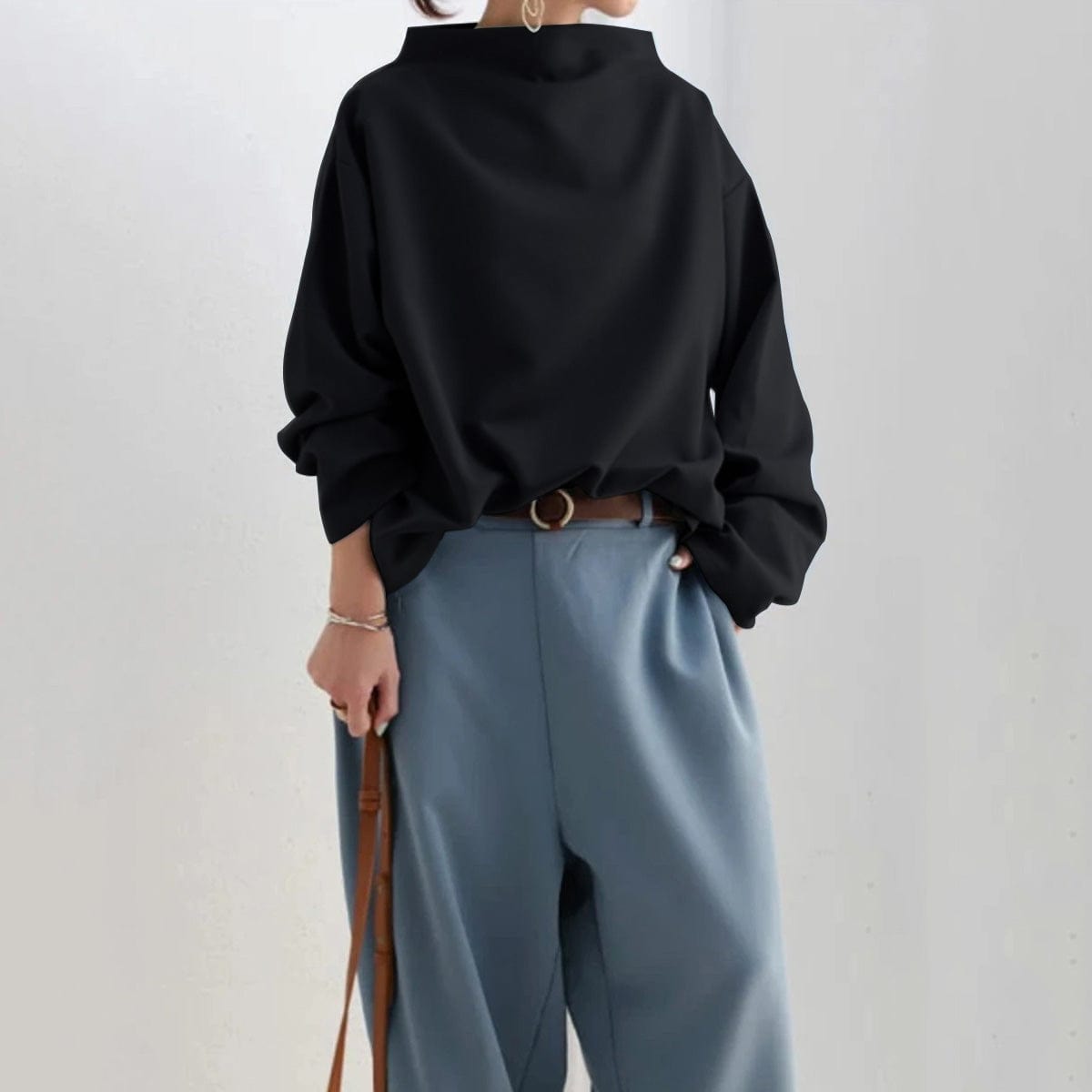 Women's Sophisticated High Neck Top Relaxed Silhouette Long Sleeve Casual Elegant – Renli - Lolly 