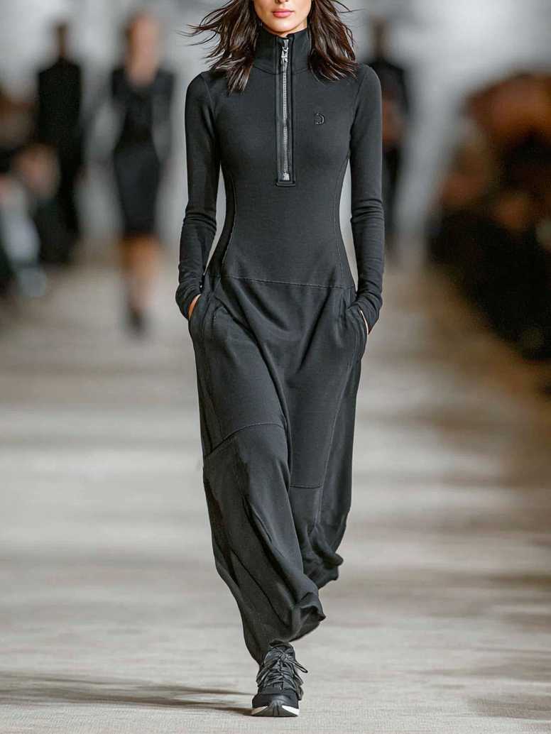Women's Sports Cotton Blend Long Dress Half-High Collar Zipper Loose Fit Casual Athleisure – Black - Lolly 