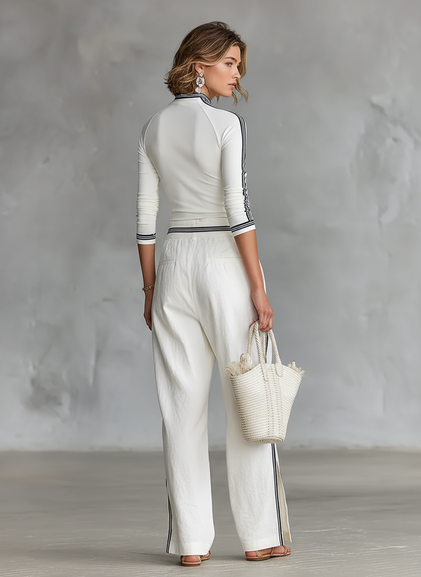Women's Sports Two-Piece Set Half High Neck Sleeve Top Drawstring Wide-Leg Pants Casual – White - Lolly 
