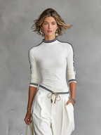 Women's Sports Two-Piece Set Half High Neck Sleeve Top Drawstring Wide-Leg Pants Casual – White - Lolly 
