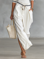 Women's Sports Two-Piece Set Half High Neck Sleeve Top Drawstring Wide-Leg Pants Casual – White - Lolly 