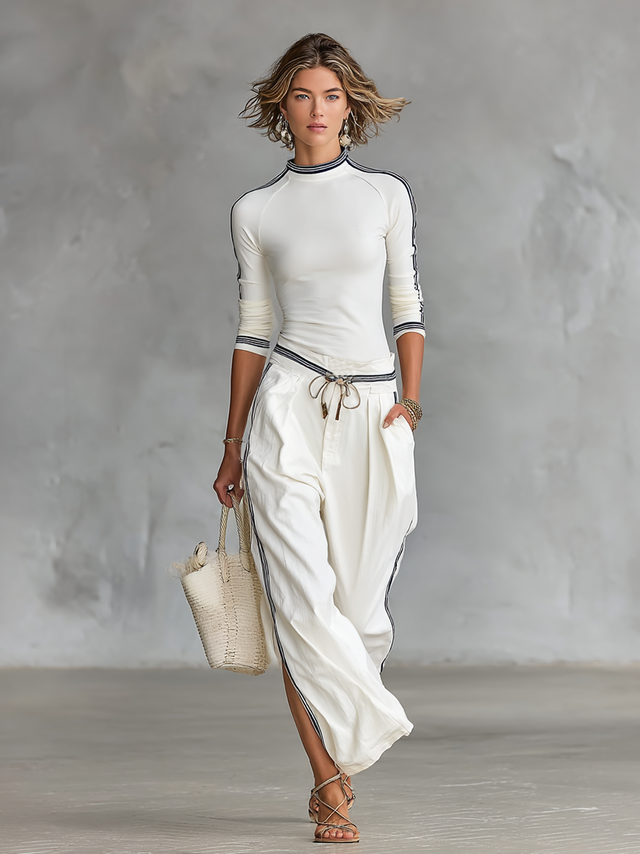 Women's Sports Two-Piece Set Half High Neck Sleeve Top Drawstring Wide-Leg Pants Casual – White - Lolly 