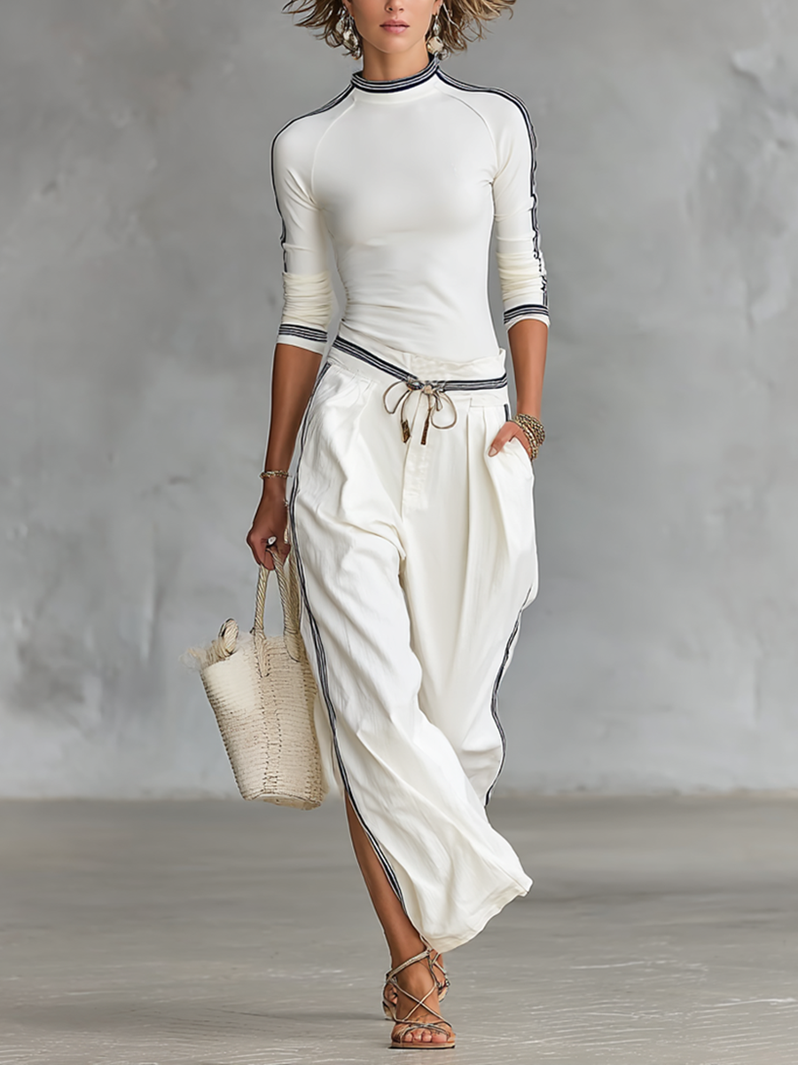 Women's Sports Two-Piece Set Half High Neck Sleeve Top Drawstring Wide-Leg Pants Casual – White - Lolly 