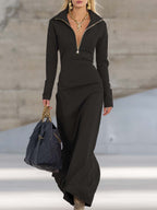 Women's Sporty V-Neck Zip Long Dress Long Sleeve Fitted Casual Formal Party Cowgirl Elegant - Lolly 