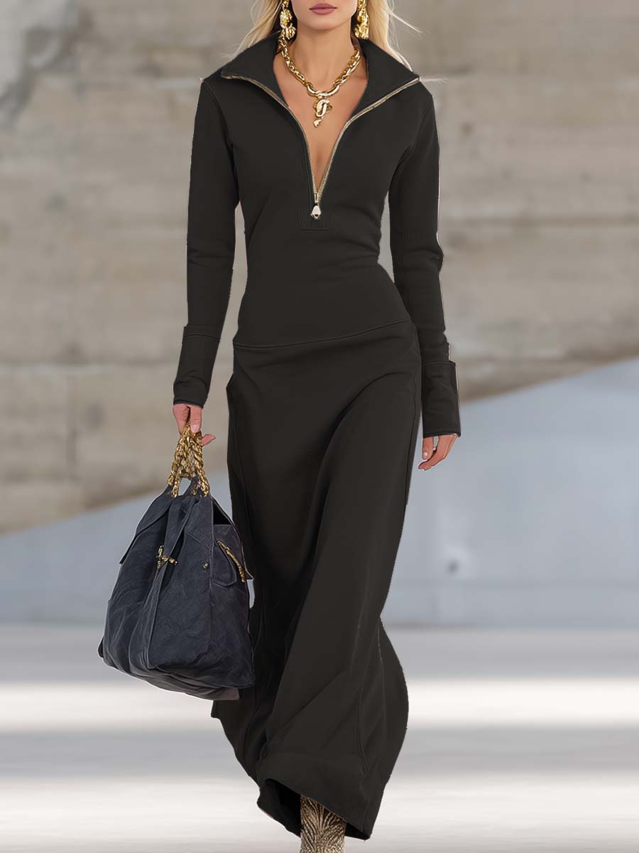 Women's Sporty V-Neck Zip Long Dress Long Sleeve Fitted Casual Formal Party Cowgirl Elegant - Lolly 