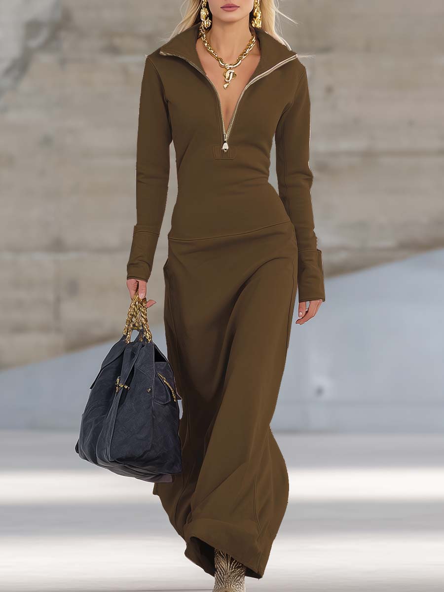 Women's Sporty V-Neck Zip Long Dress Long Sleeve Fitted Casual Formal Party Cowgirl Elegant - Lolly 