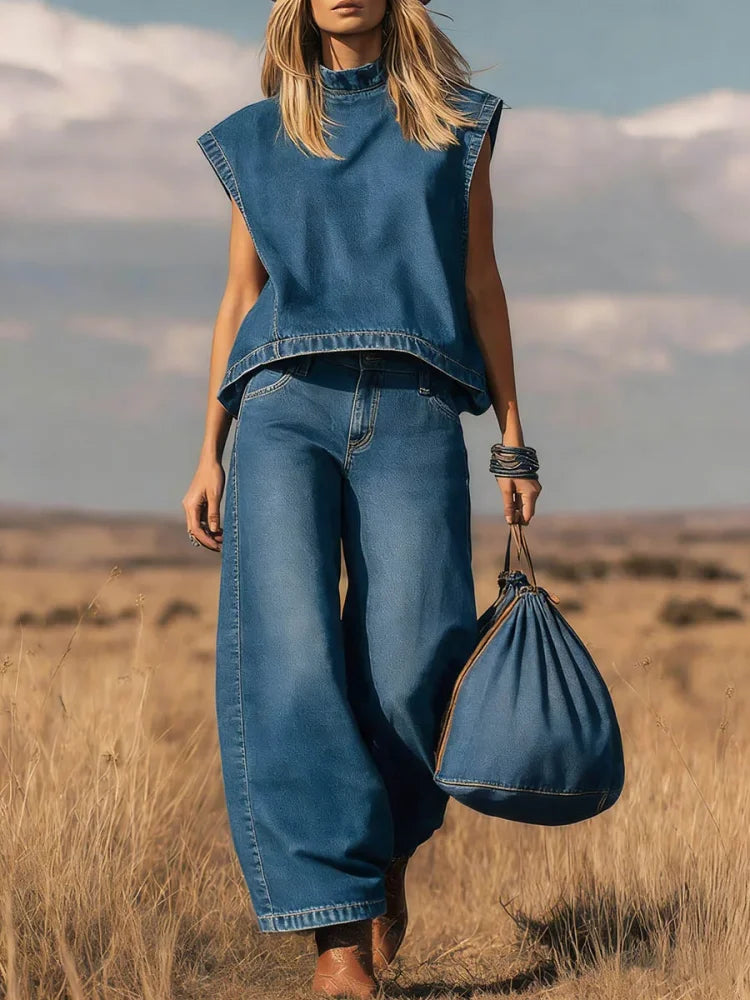 Women's Stand Collar Sleeveless Top High-Waisted Wide Leg Pants Two-Piece Set Casual Everyday Streetwear Summer – Indigo - Lolly 