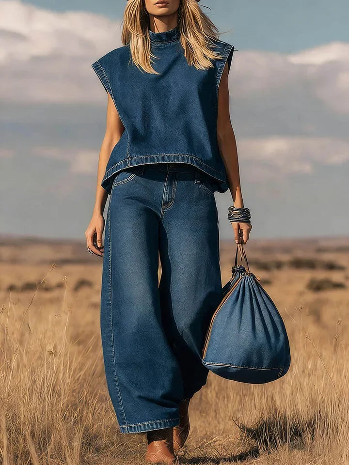 Women's Stand Collar Sleeveless Top High-Waisted Wide Leg Pants Two-Piece Set Casual Everyday Streetwear Summer – Indigo - Lolly 