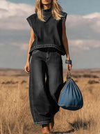 Women's Stand Collar Sleeveless Top High-Waisted Wide Leg Pants Two-Piece Set Casual Everyday Streetwear Summer – Indigo - Lolly 