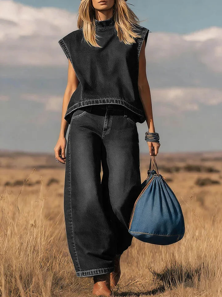 Women's Stand Collar Sleeveless Top High-Waisted Wide Leg Pants Two-Piece Set Casual Everyday Streetwear Summer – Indigo - Lolly 