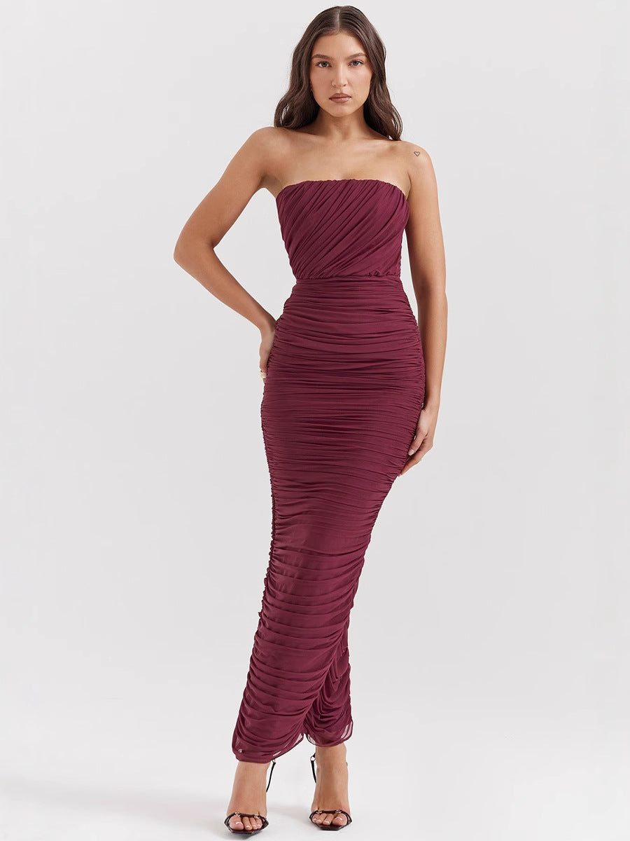 Women's Strapless Ruched Midi Dress Ombre Wedding Guest Cocktail Party Evening - Lolly 