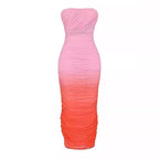 Women's Strapless Ruched Midi Dress Ombre Wedding Guest Cocktail Party Evening - Lolly 