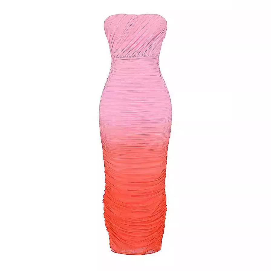Women's Strapless Ruched Midi Dress Ombre Wedding Guest Cocktail Party Evening - Lolly 
