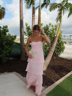 Women's Strapless Tiered Long Dress Formal Wedding Guest Garden Party Ceremony Gala Evening – Odessa Blush Pink - Lolly 