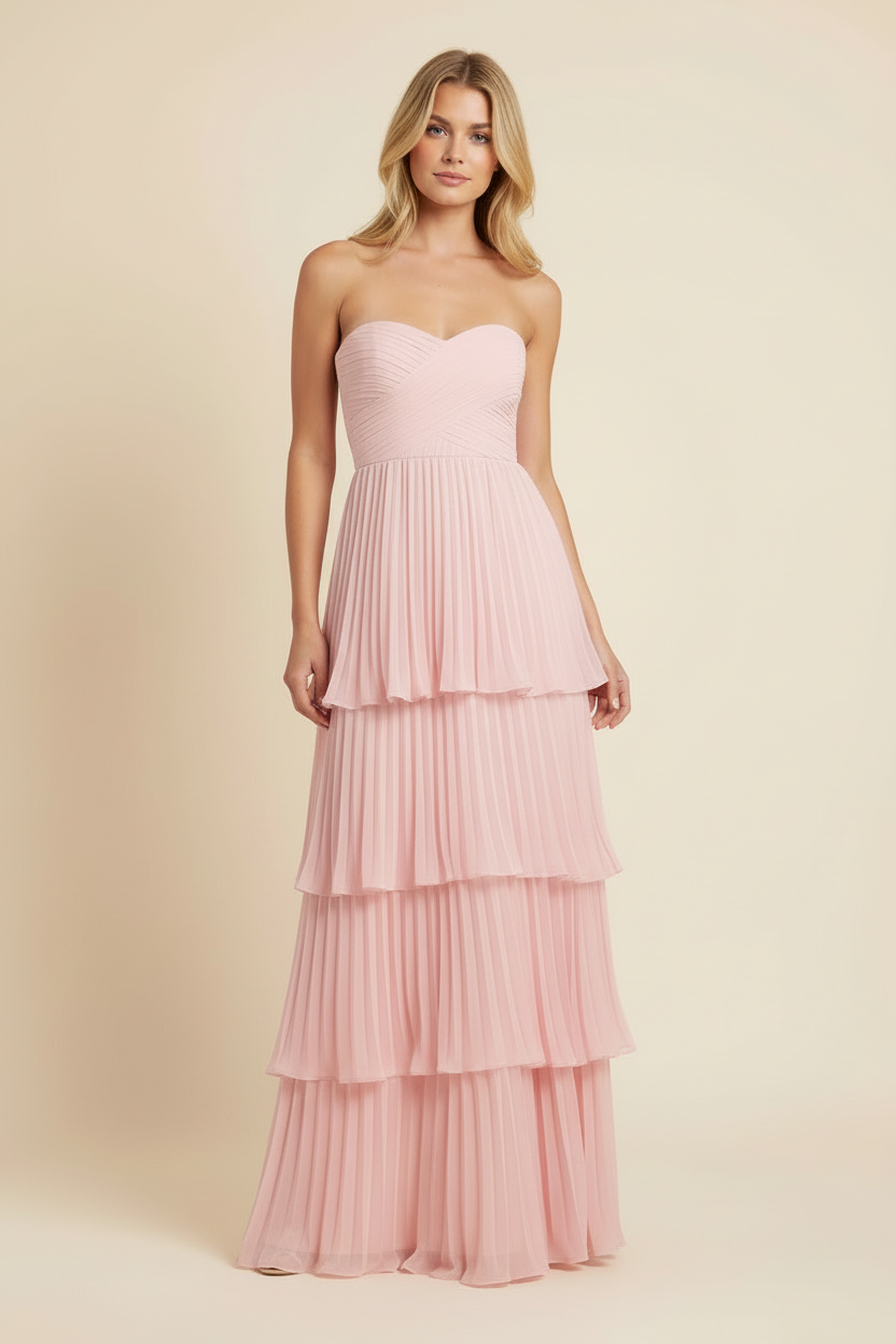 Women's Strapless Tiered Long Dress Formal Wedding Guest Garden Party Ceremony Gala Evening – Odessa Blush Pink - Lolly 
