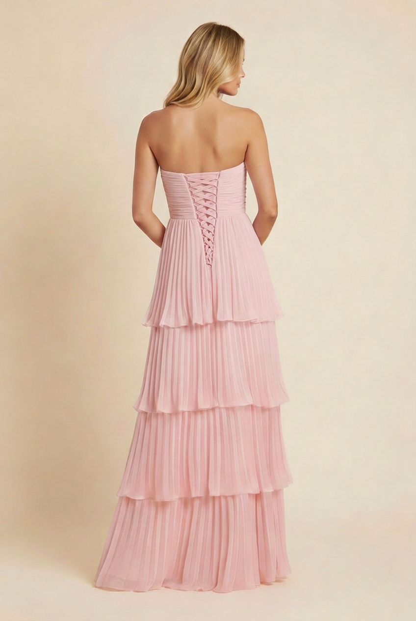 Women's Strapless Tiered Long Dress Formal Wedding Guest Garden Party Ceremony Gala Evening – Odessa Blush Pink - Lolly 