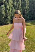 Women's Strapless Tiered Long Dress Formal Wedding Guest Garden Party Ceremony Gala Evening – Odessa Blush Pink - Lolly 