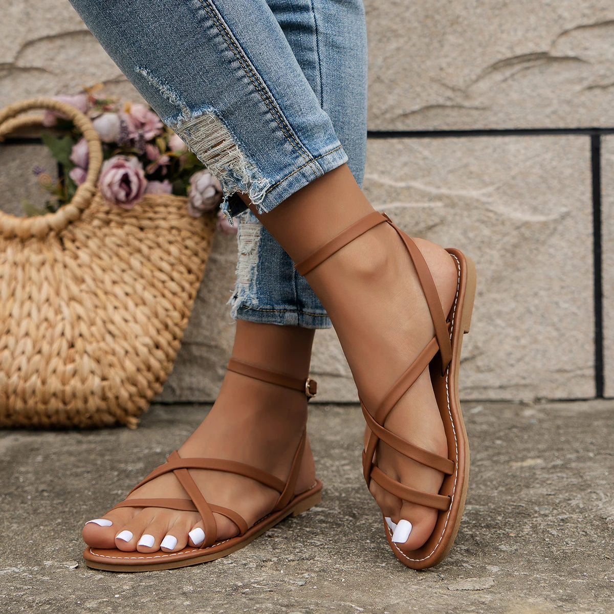 Women's Strappy Flat Orthopedic Sandals Crossover Casual Summer Beach Comfortable Everyday – Michelle - Lolly 