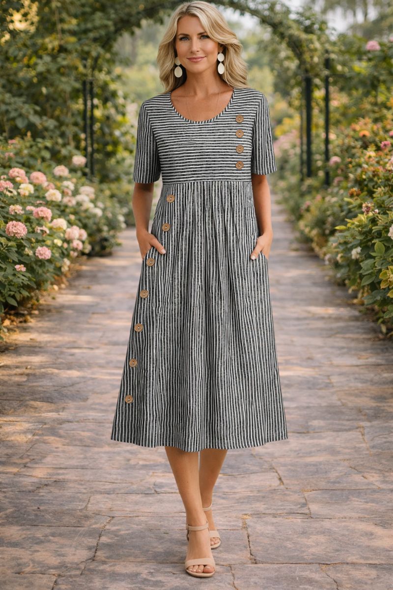 Women's Striped Button-Front Midi Dress Short Sleeve Round Neck Side Pockets A-Line Casual Summer Everyday Brunch Garden – Wanda - Lolly 