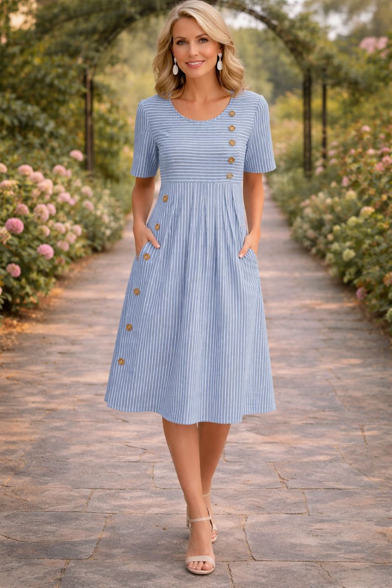 Women's Striped Button-Front Midi Dress Short Sleeve Round Neck Side Pockets A-Line Casual Summer Everyday Brunch Garden – Wanda - Lolly 
