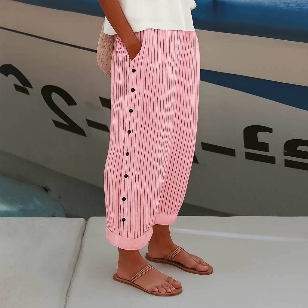 Women's Striped Linen Relaxed Tapered Pants Ankle Length Side Button Detail Nautical Casual Summer Beach Vacation Resort Everyday – Sandrine - Lolly 