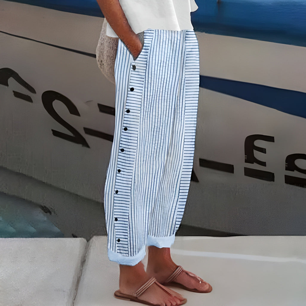 Women's Striped Linen Relaxed Tapered Pants Ankle Length Side Button Detail Nautical Casual Summer Beach Vacation Resort Everyday – Sandrine - Lolly 