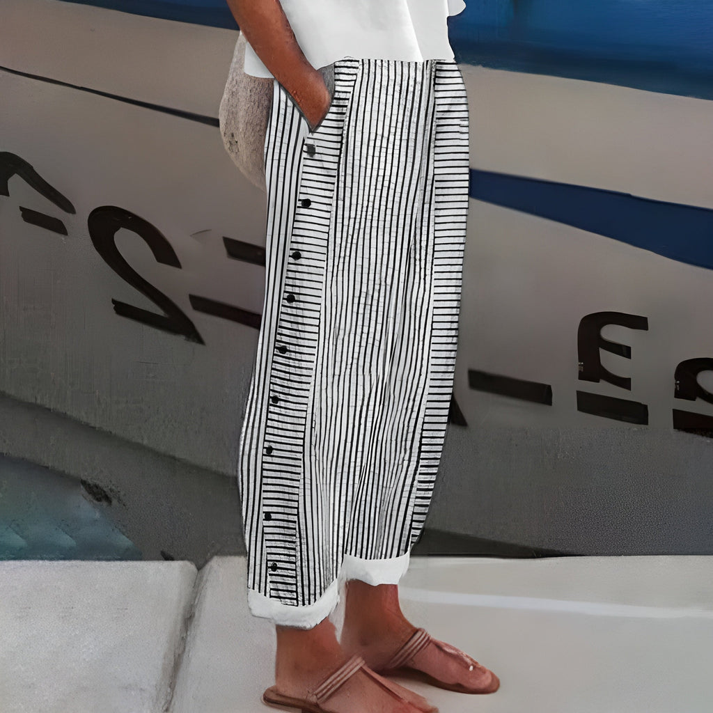 Women's Striped Relaxed Tapered Pants Ankle Length Side Button Detail Nautical Casual Beach Vacation - Lolly 
