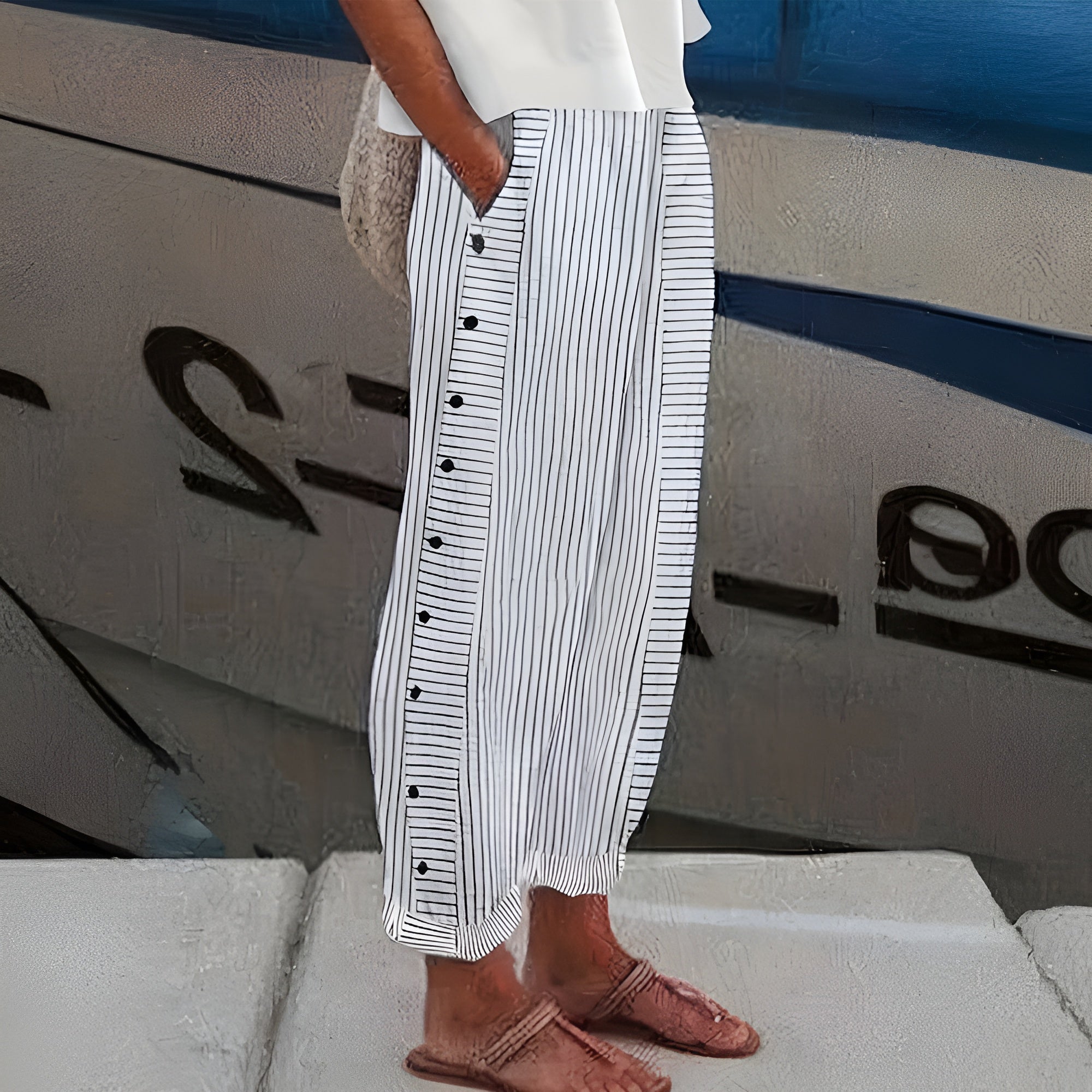 Women's Striped Relaxed Tapered Pants Ankle Length Side Button Detail Nautical Casual Beach Vacation - Lolly 