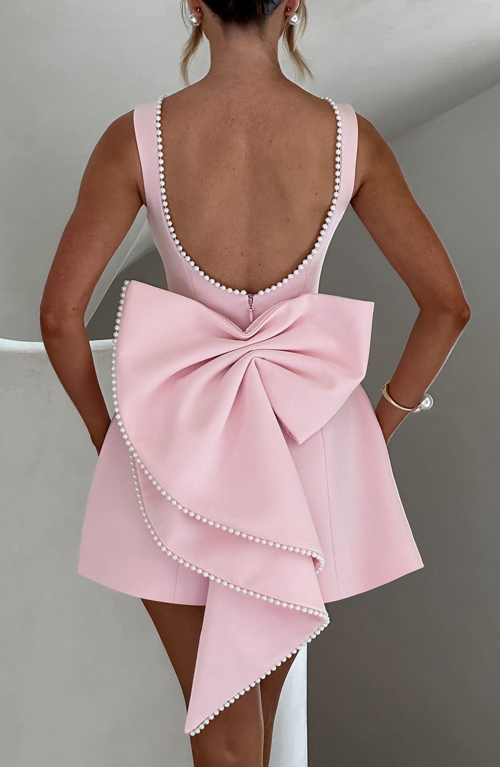 Women's Structured Bow Back Pearl Trim Mini Dress Cocktail Party Weddi – Lolly