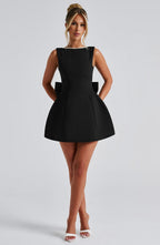 Women's Structured Bow Back Pearl Trim Mini Dress Cocktail Party Wedding Guest Bridal Shower Birthday Date Night – Blush - Lolly 