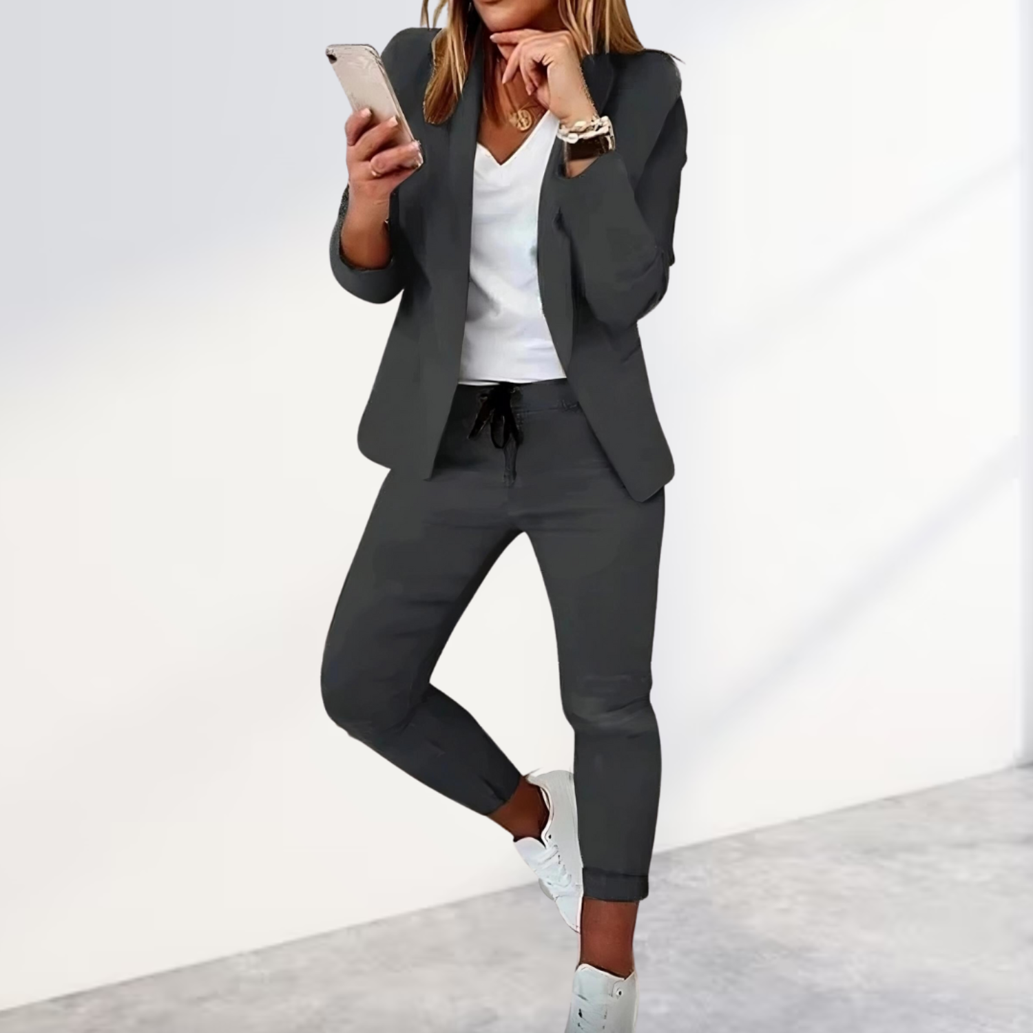 Women's Stylish Blazer & Jogger Trouser Set Business Casual Polyester Slim Fit Everyday – Black - Lolly 
